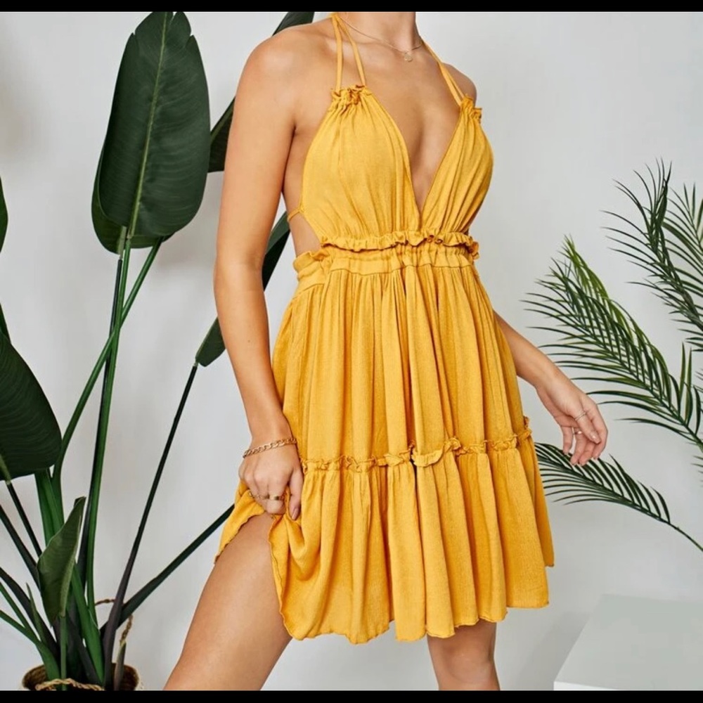 Self Tie Backless Frill Trim Cami Dress
